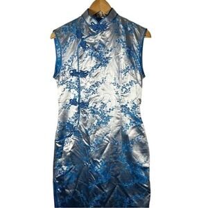 GOLDEN DRAGON vintage‎ Blue silk Mandarin dress Size 40